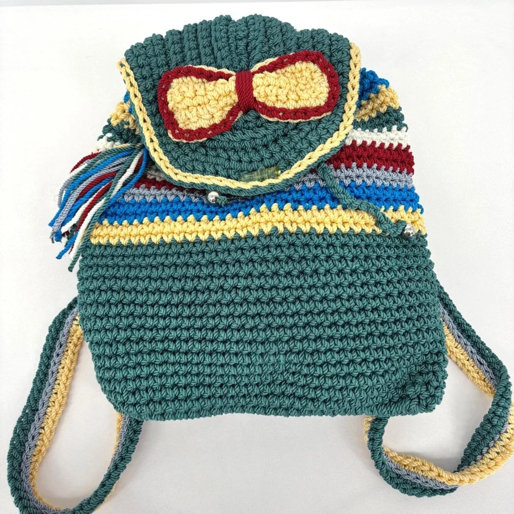 Handmade Crochet Striped Backpack Teal Multi Color Bow Detail Boho Knit Bag